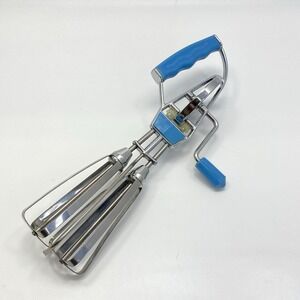 Vintage Hand Mixer Egg Beater Made in Japan Stainless Steel Blue Plastic